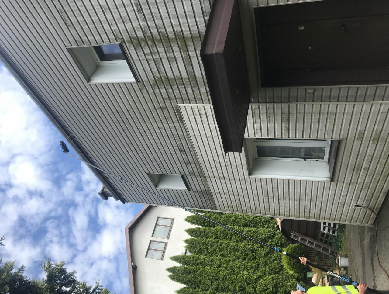 Czyszczenie elewacji z sidingu za pomocą szczotki teleskopowej; widoczne zabrudzenia przed i po czyszczeniu, fragment nieba z chmurami w tle.