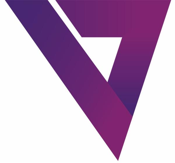Abstrakcyjne logo w odcieniach fioletu, przypominające literę V z efektem trójwymiarowości.