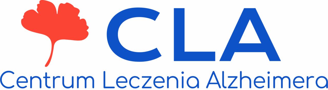 Logo Centrum Leczenia Alzheimera (CLA) w Warszawie, z czerwonym liściem miłorzębu i niebieskim napisem CLA oraz pełną nazwą centrum.