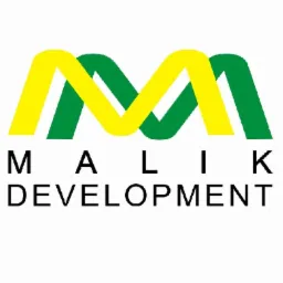 Logo firmy Malik Development z abstrakcyjnym znakiem graficznym w kolorach zielonym i żółtym, przypominającym literę M.