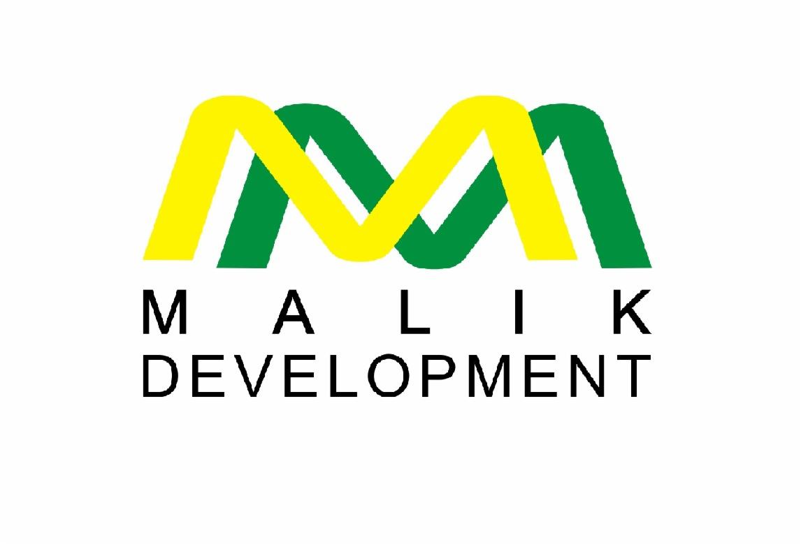 Logo firmy Malik Development z abstrakcyjnym znakiem graficznym w kolorach zielonym i żółtym, przypominającym literę M.
