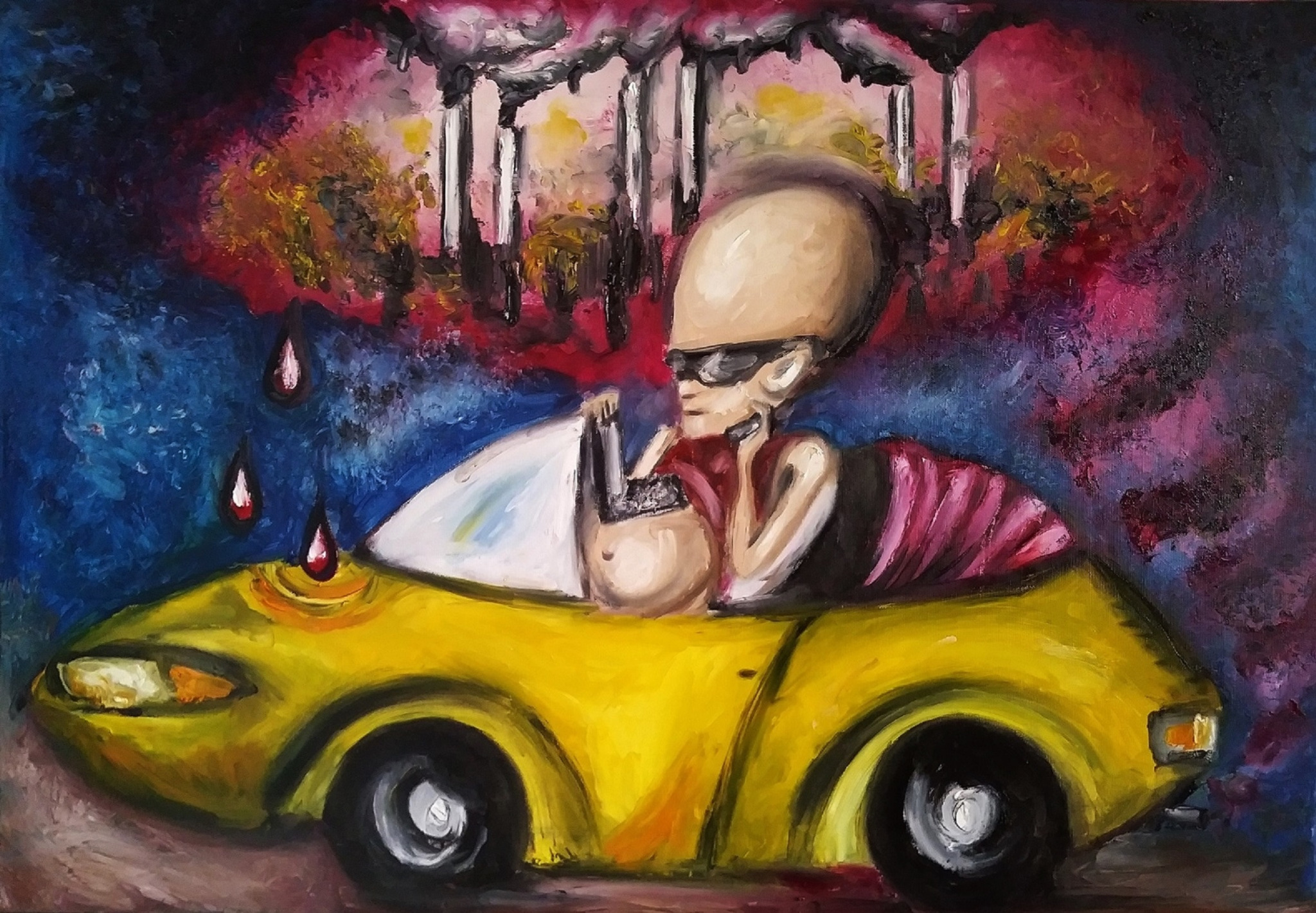 Surrealistyczne malowidło olejne przedstawiające łysego, bladego mężczyznę w okularach przeciwsłonecznych jadącego żółtym kabrioletem na tle fabryk z kominami, z których wydobywa się dym, a z nieba...