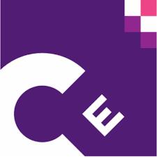 Fioletowe logo z białym, stylizowanym napisem CE i pikselową grafiką w prawym górnym rogu.