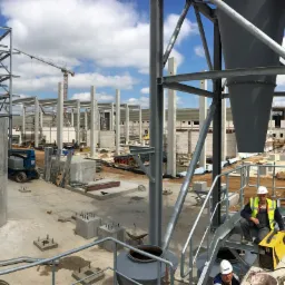 Budowa hali przemysłowej w trakcie realizacji: widoczne betonowe konstrukcje, stalowe elementy, silosy, dźwig oraz ekipa budowlana w kaskach i kamizelkach odblaskowych, spawarka i inne narzędzia.