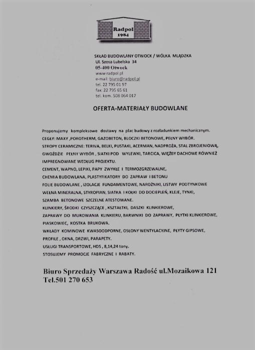 Skan dokumentu z ofertą materiałów budowlanych firmy Radpol Otwock, zawierający adres, dane kontaktowe i listę produktów takich jak cegły, stropy, cement, chemia budowlana, izolacje, wełna...
