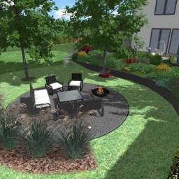 Kater Paweł Marciniak - Wizualizacja ogrodu z okrągłym paleniskiem otoczonym meblami ogrodowymi, rabatami kwiatowymi i ścieżką z kamieni prowadzącą do domu.