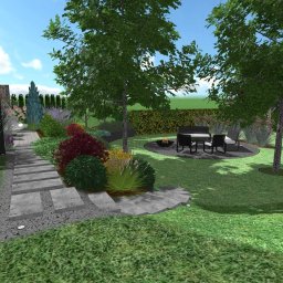 Kater Paweł Marciniak - Wizualizacja ogrodu z ścieżką z płyt betonowych, rabatami z roślin ozdobnych, miejscem na ognisko i nowoczesnymi meblami ogrodowymi.