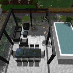 Kater Paweł Marciniak - Wizualizacja 3D ogrodu z pergolą, basenem i strefą relaksu z paleniskiem, widok z góry.