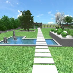 Wizualizacja ogrodu z nowoczesnym oczkiem wodnym, ścieżką z płyt i geometrycznymi rabatami, z ptakiem w locie na tle błękitnego nieba.