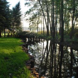 Zabezpieczony brzeg kanału w ogrodzie nad jeziorem