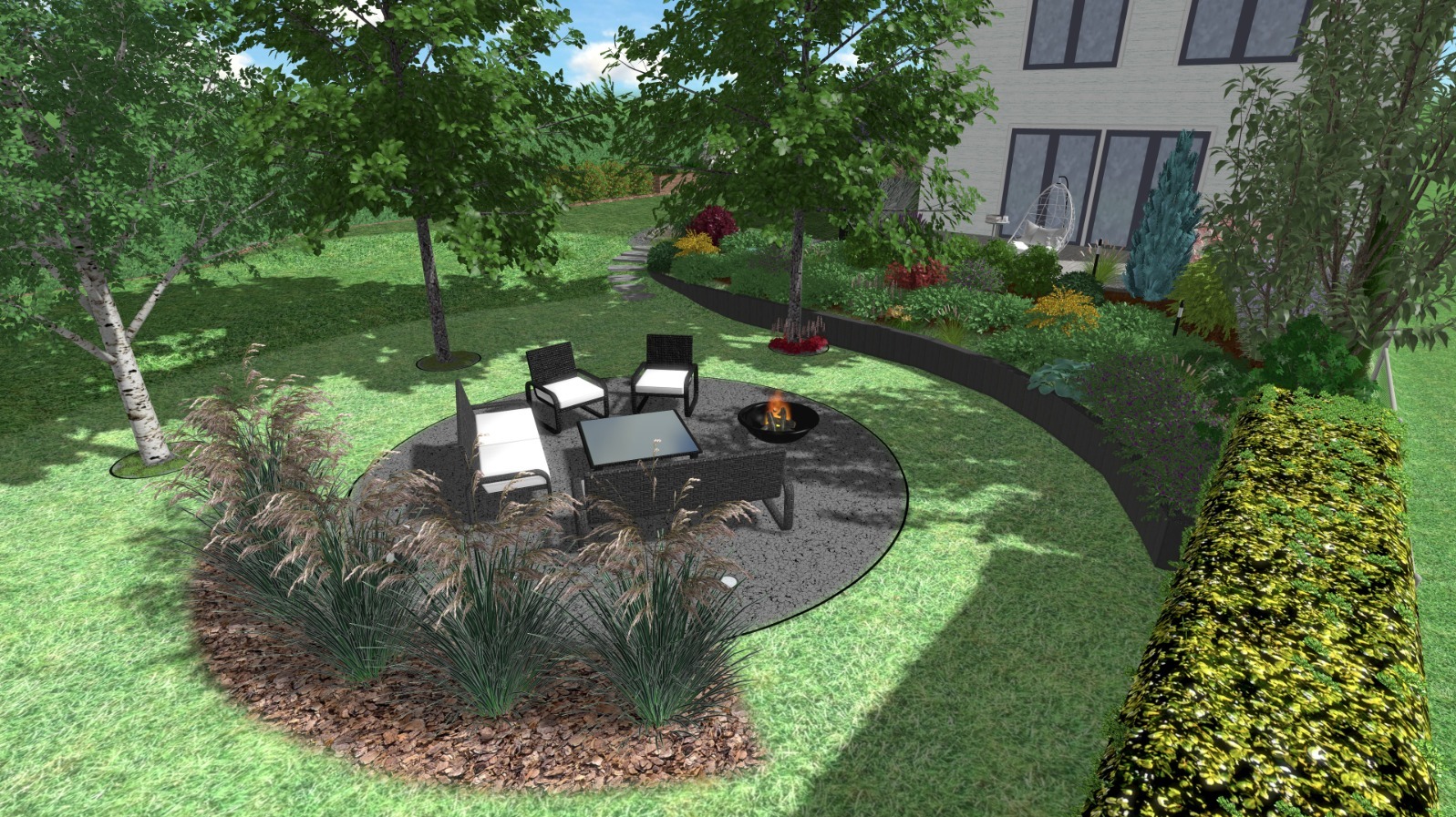 Wizualizacja ogrodu z okrągłym paleniskiem otoczonym meblami ogrodowymi, rabatami kwiatowymi i ścieżką z kamieni prowadzącą do domu.