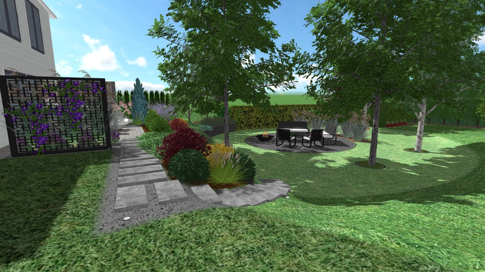 Wizualizacja ogrodu z ścieżką z płyt betonowych, rabatami z roślin ozdobnych, miejscem na ognisko i nowoczesnymi meblami ogrodowymi.