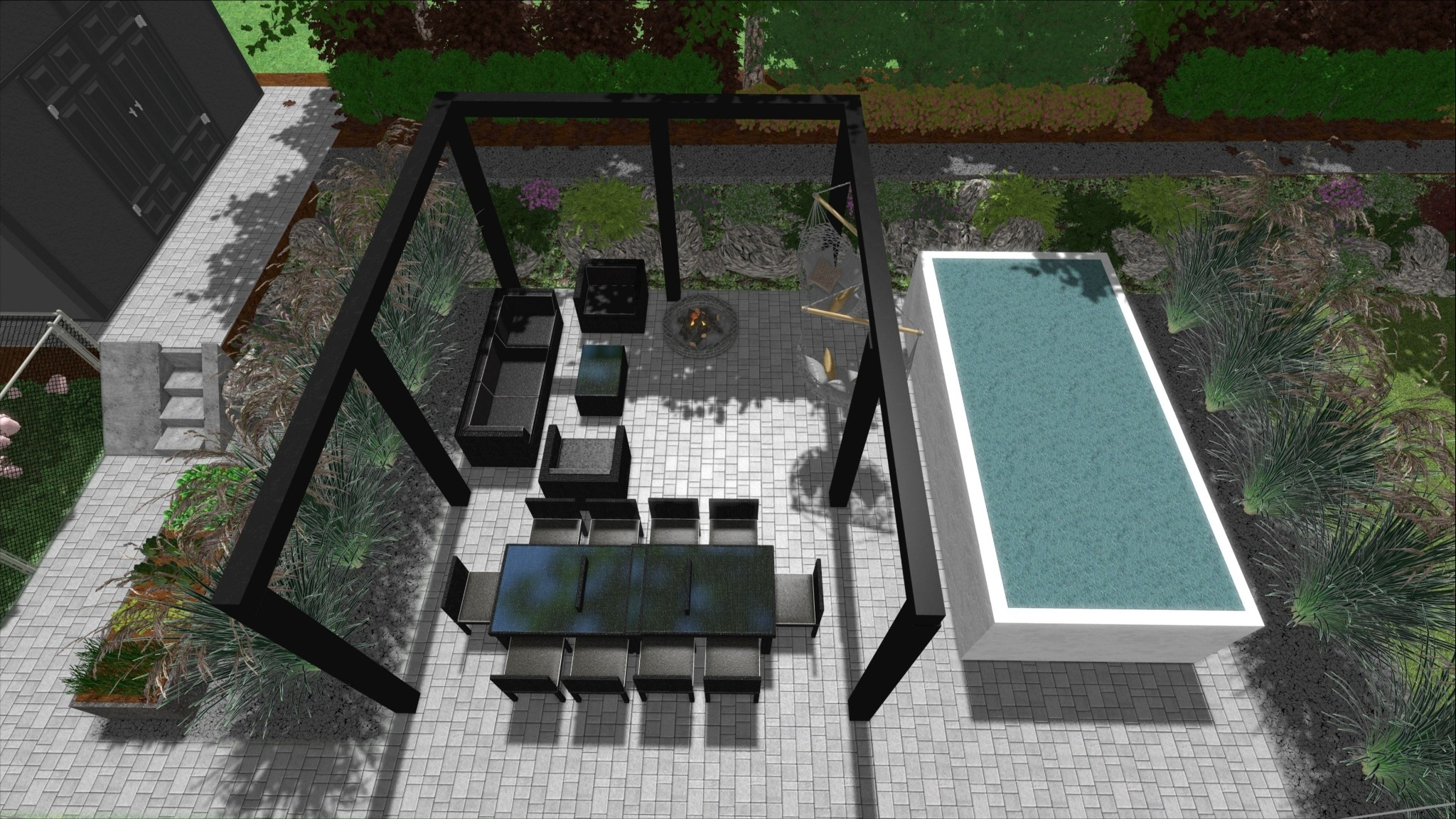 Wizualizacja 3D ogrodu z pergolą, basenem i strefą relaksu z paleniskiem, widok z góry.