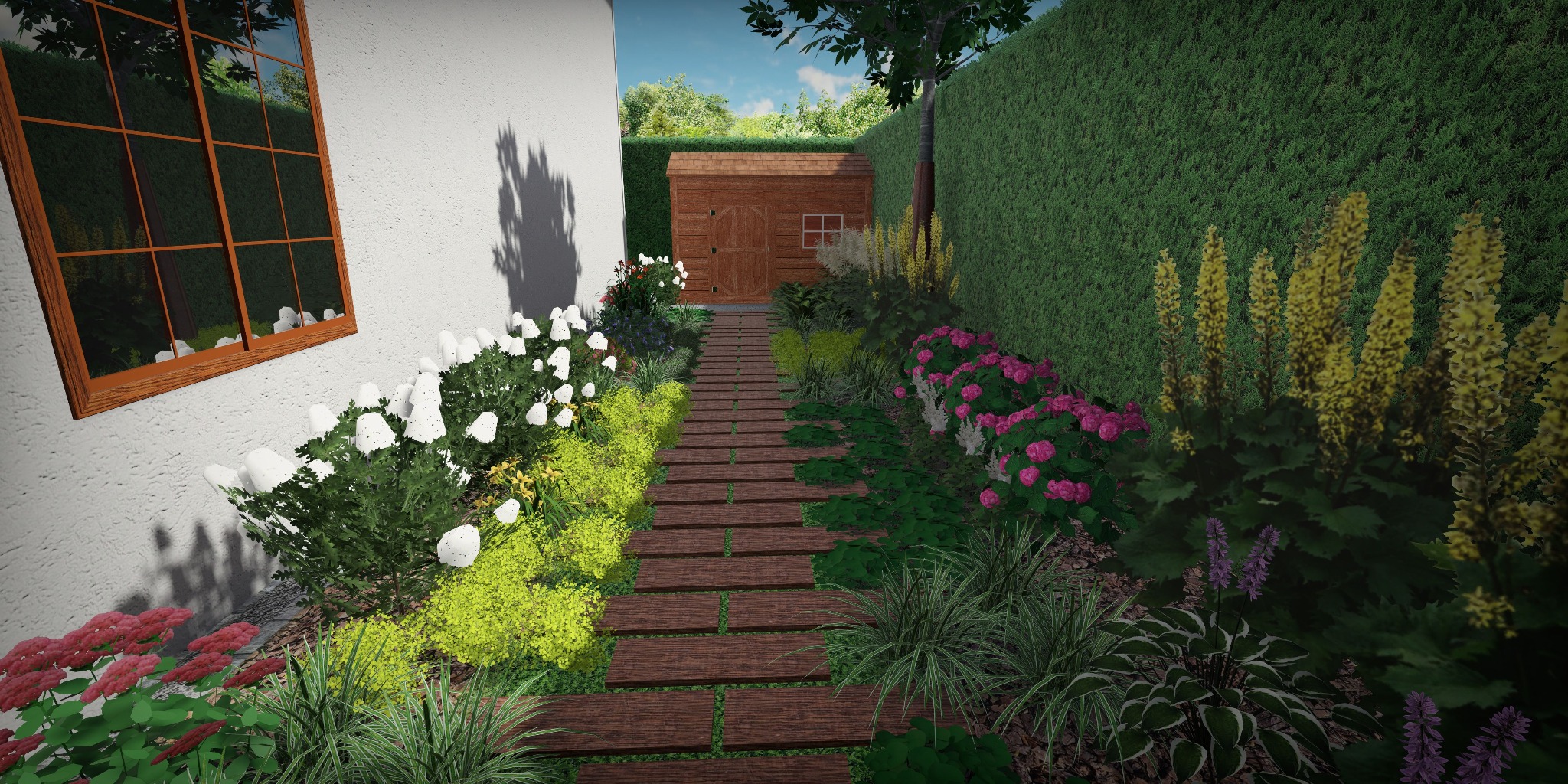 Wizualizacja ogrodu z drewnianą ścieżką prowadzącą do drewnianego domku narzędziowego, obok ścieżki rabaty z różnymi kwiatami i krzewami, po lewej stronie budynku z oknem.