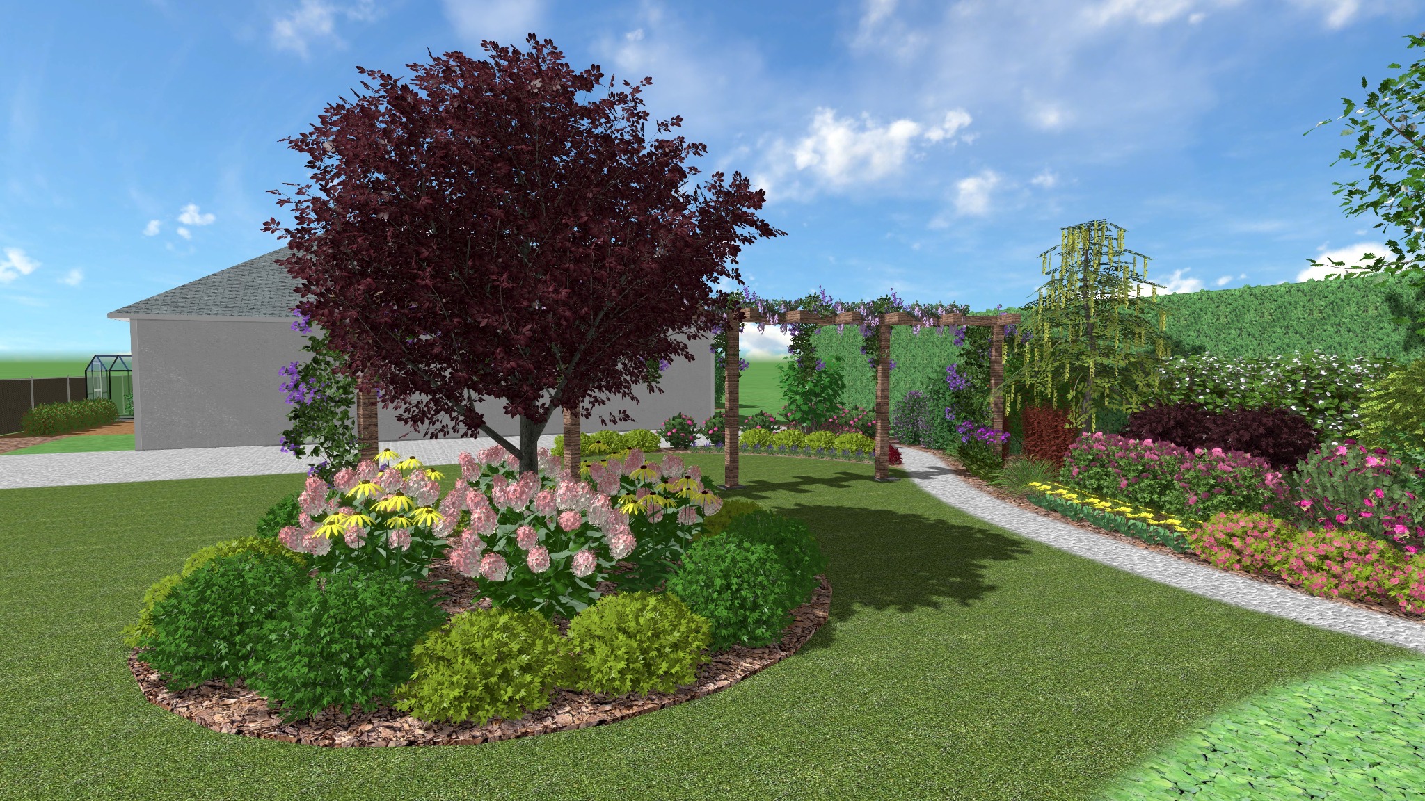 Wizualizacja ogrodu z pergolą, ścieżką i różnorodną roślinnością: drzewo o purpurowych liściach, hortensje, rudbekie, krzewy, trawnik, wysoki żywopłot w tle.