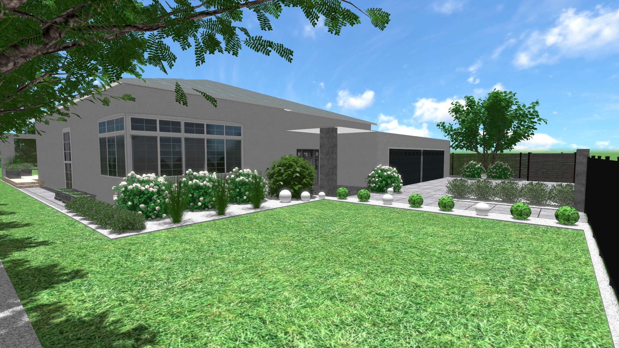 Wizualizacja zagospodarowania terenu wokół domu z trawnikiem, rabatami z białym żwirem, kulistymi krzewami i białymi kulami dekoracyjnymi.