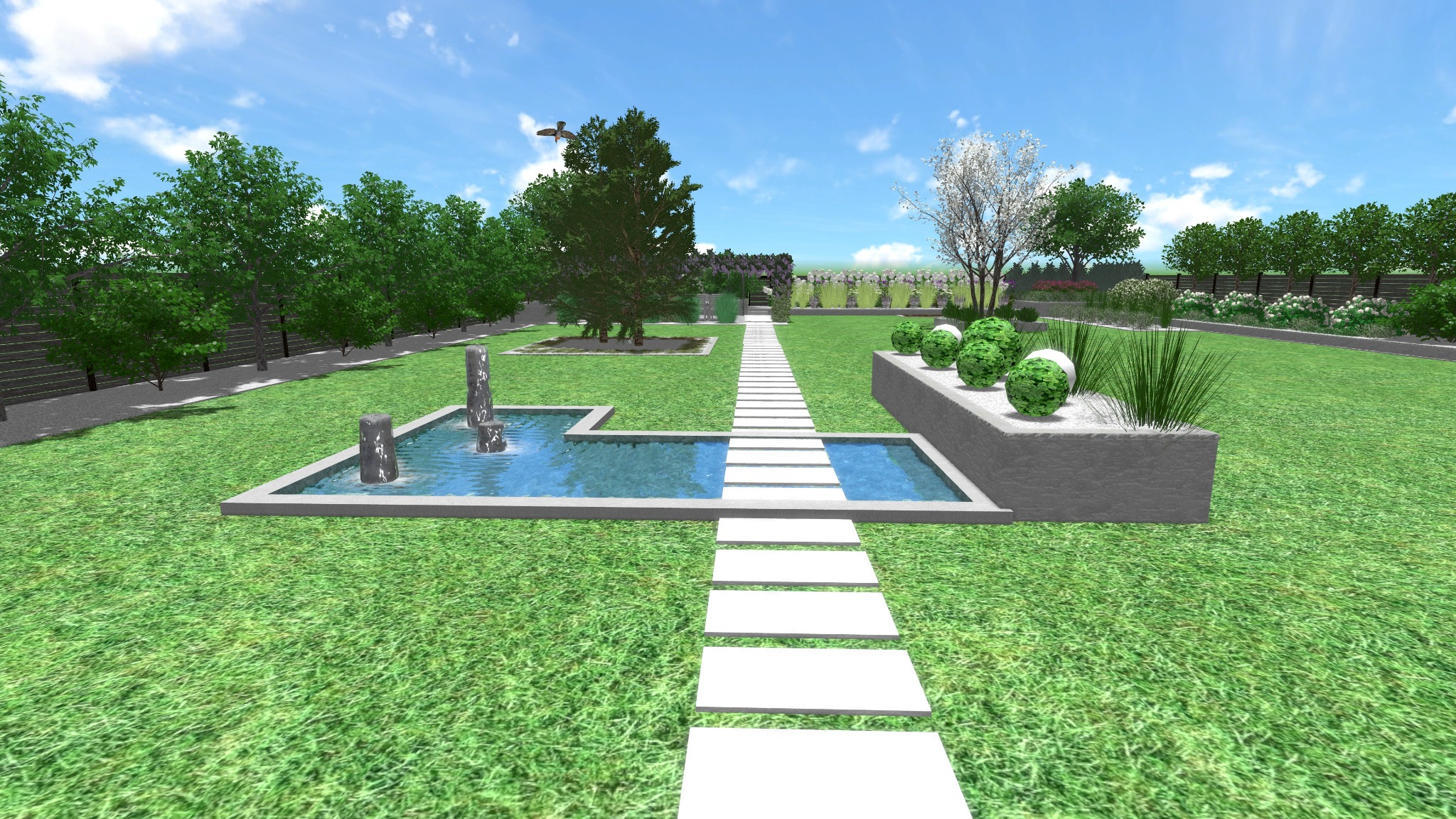 Wizualizacja ogrodu z nowoczesnym oczkiem wodnym, ścieżką z płyt i geometrycznymi rabatami, z ptakiem w locie na tle błękitnego nieba.