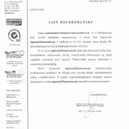 Skan listu referencyjnego dla biura tłumaczeń AgencjaTlumaczen.pl od firmy Automatyka-Pomiary-Sterowanie S.A., potwierdzający wysoką jakość tłumaczeń strony internetowej na język angielski...