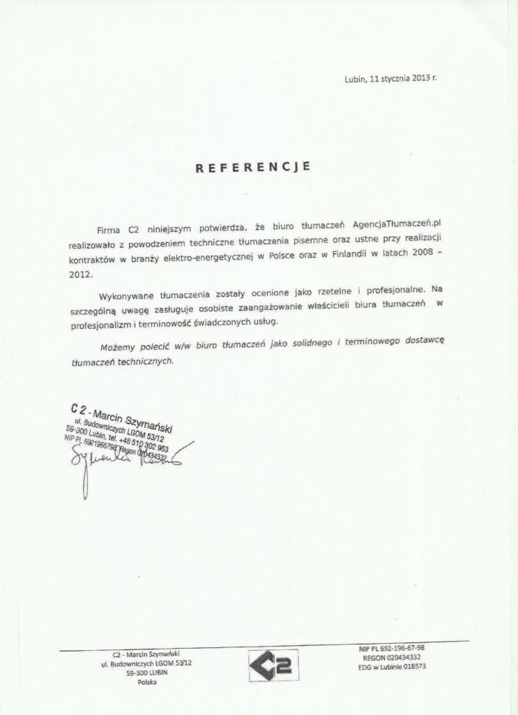 Skan dokumentu referencyjnego dla biura tłumaczeń AgencjaTlumaczen.pl, potwierdzający wykonanie tłumaczeń technicznych pisemnych i ustnych w branży elektro-energetycznej w latach 2008-2012,...