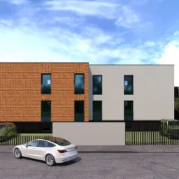 Wizualizacja nowoczesnego bliźniaka z elewacją z cegły klinkierowej i jasnego tynku, z samochodem Tesla zaparkowanym przed posesją i rowerzystą na chodniku.