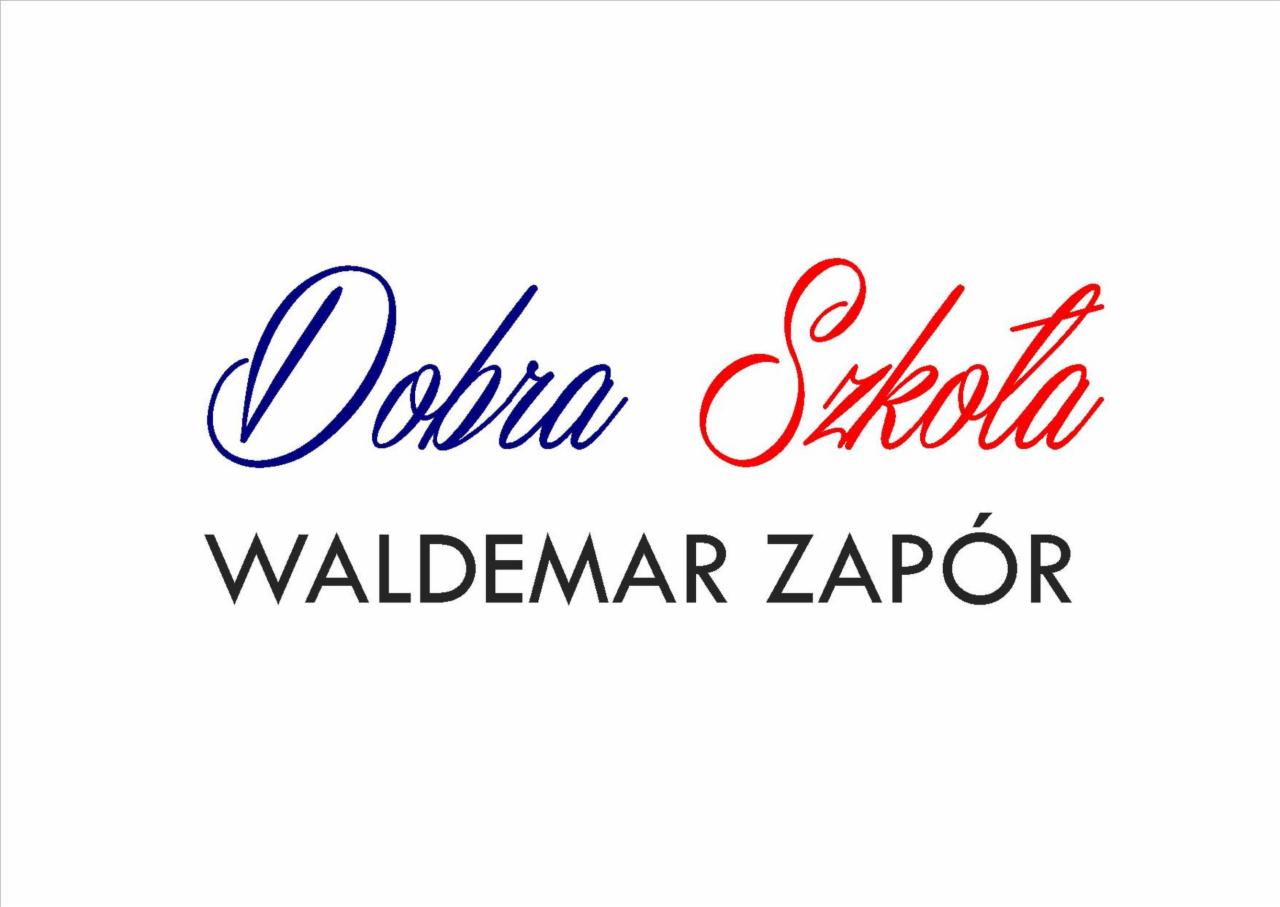 Logo firmy 'Dobra Szkoła Waldemar Zapór' z napisem 'Dobra' w kolorze niebieskim i 'Szkoła' w kolorze czerwonym, umieszczone nad nazwą firmy w kolorze czarnym na białym tle.