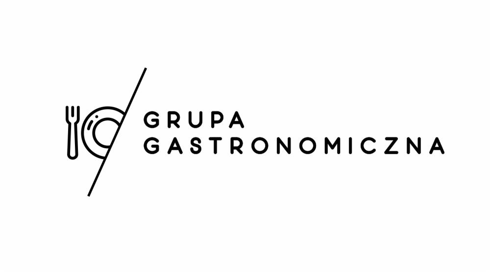 Logo firmy z branży gastronomicznej: stylizowany widelec i talerz przecięte linią, obok napis 'GRUPA GASTRONOMICZNA' w czcionce bezszeryfowej.