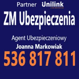 Partner Unilink ZM Ubezpieczenia, Agent Ubezpieczeniowy Joanna Markowiak, numer telefonu 536 817 811 na ciemnoniebieskim tle.