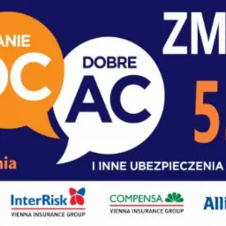 Baner reklamowy agenta ubezpieczeniowego z ofertą taniego OC i AC, numerem telefonu i logotypami różnych towarzystw ubezpieczeniowych.