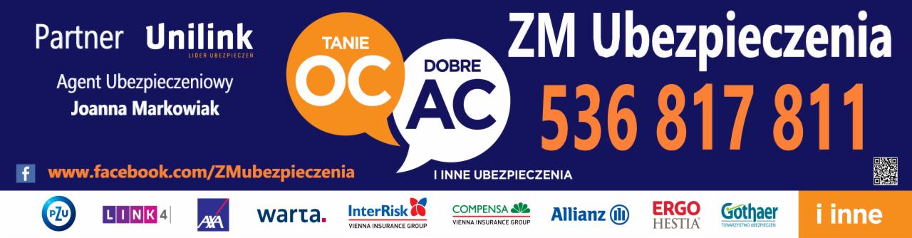 Baner reklamowy agenta ubezpieczeniowego z ofertą taniego OC i AC, numerem telefonu i logotypami różnych towarzystw ubezpieczeniowych.