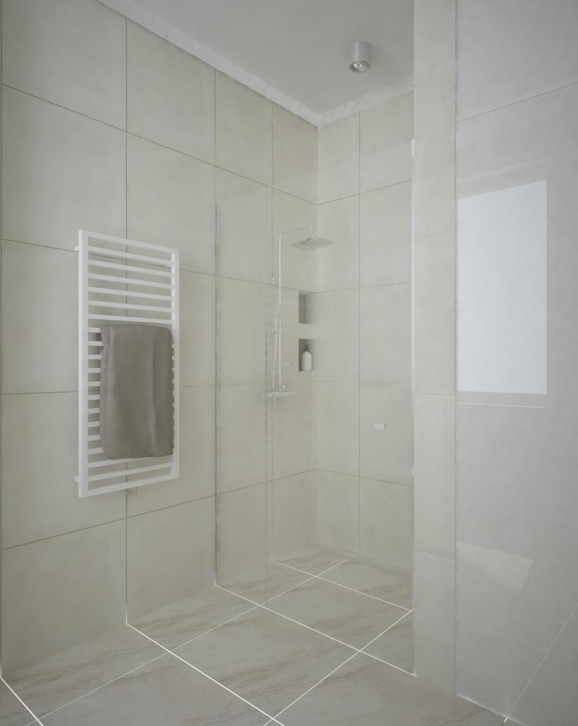 Jasna łazienka z kabiną prysznicową typu walk-in, grzejnikiem drabinkowym z szarym ręcznikiem, szare płytki podłogowe i ścienne, oraz minimalistyczną armaturą.