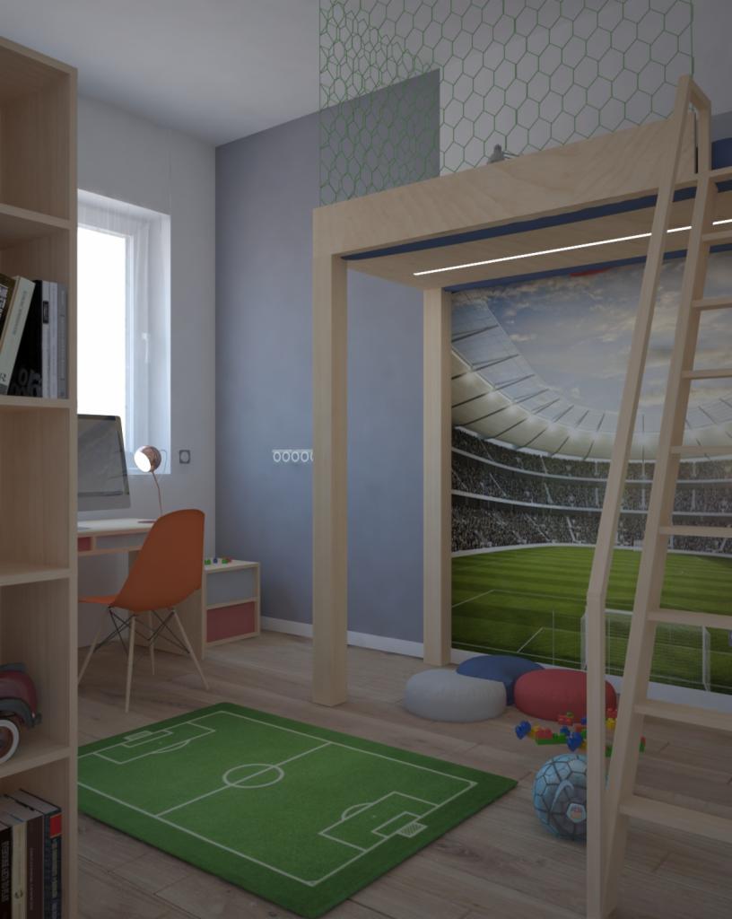 Pokój dziecięcy z łóżkiem na antresoli, tapetą ze stadionem, dywanem w kształcie boiska i pomarańczowym krzesłem przy biurku.