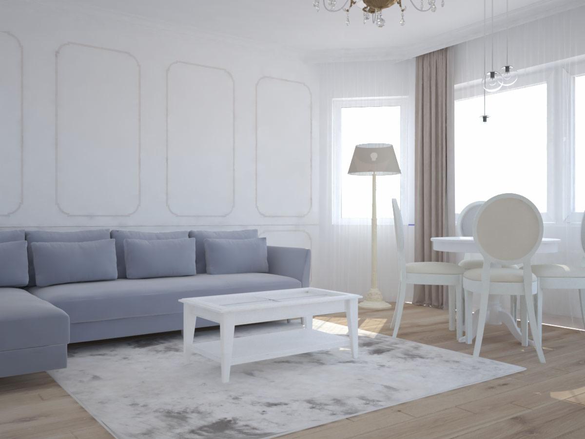 Jasny salon z szarym narożnikiem, białym stolikiem kawowym i stołem z krzesłami w stylu glamour, oświetlony lampą podłogową i żyrandolem.