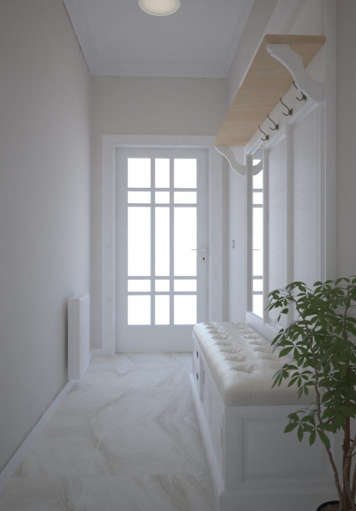 Jasny przedpokój w stylu skandynawskim z białą ławką z tapicerowanym siedziskiem, wieszakiem z półką i drzwiami z przeszkleniami, wykończony marmurową podłogą i rośliną doniczkową.