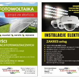 Ulotka reklamowa firmy Electro System z ofertą instalacji fotowoltaicznych i elektrycznych, prezentująca panele słoneczne oraz kamery monitoringu Hikvision i Dahua.