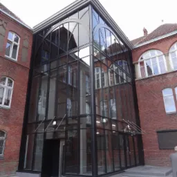 Przeszklona, nowoczesna dobudówka z czarnymi ramami okiennymi i drzwiami, wkomponowana w ceglany budynek z elementami architektury retro.