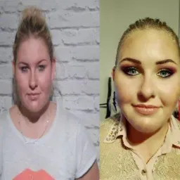 Porównanie przed i po: kobieta z nieumalowaną twarzą obok kobiety z intensywnym makijażem oczu i podkreślonymi ustami.