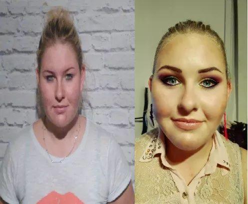 Porównanie przed i po: kobieta z nieumalowaną twarzą obok kobiety z intensywnym makijażem oczu i podkreślonymi ustami.
