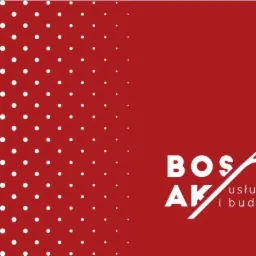 Czerwone tło z białymi kropkami po lewej stronie i białym logo firmy BOSAK usługi ppoż i budowlane po prawej.