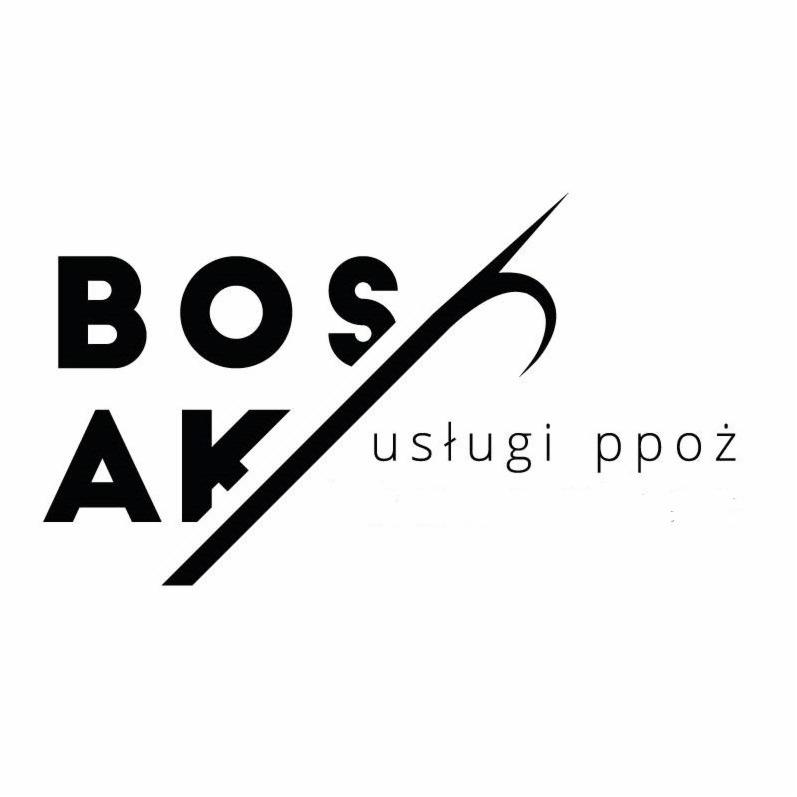 Czarno-białe logo firmy BOSAK, świadczącej usługi ppoż, z ukośną linią przecinającą nazwę.