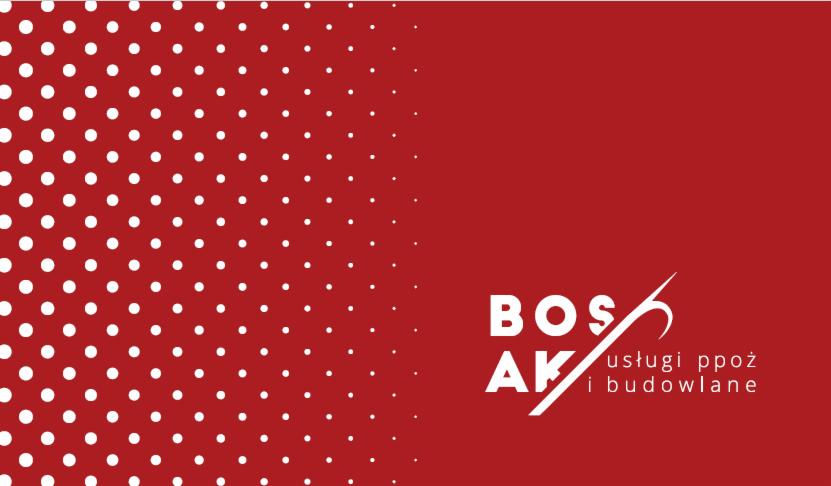 Czerwone tło z białymi kropkami po lewej stronie i białym logo firmy BOSAK usługi ppoż i budowlane po prawej.