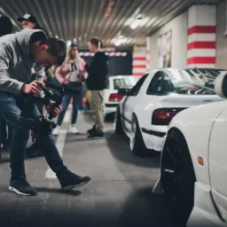 Młody mężczyzna z profesjonalną kamerą filmuje białe samochody sportowe w garażu podziemnym, w tle grupa osób.