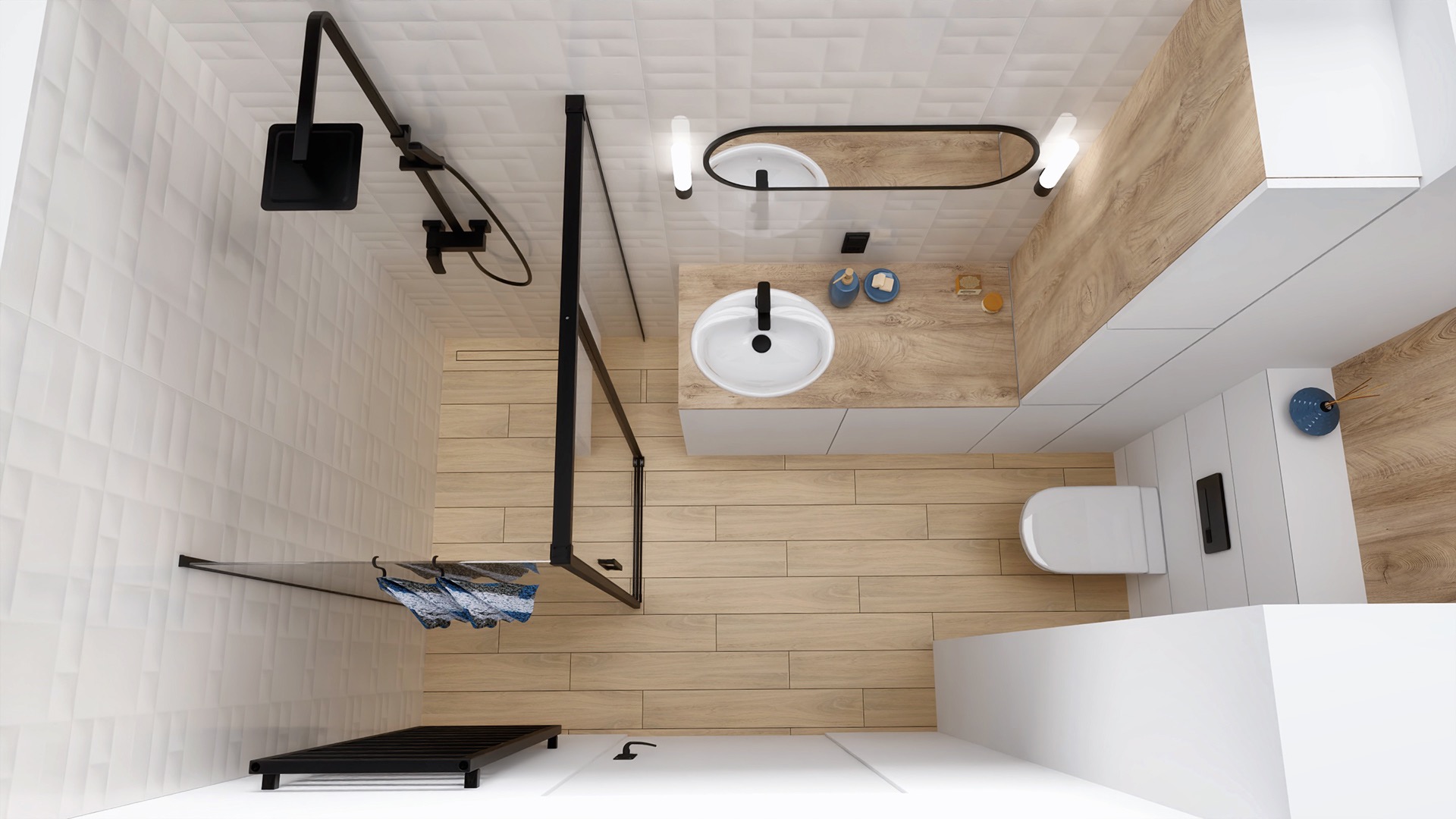 Wizualizacja łazienki z kabiną prysznicową typu walk-in, umywalką nablatową na drewnianym blacie, toaletą i dekoracyjnym zegarem ściennym.