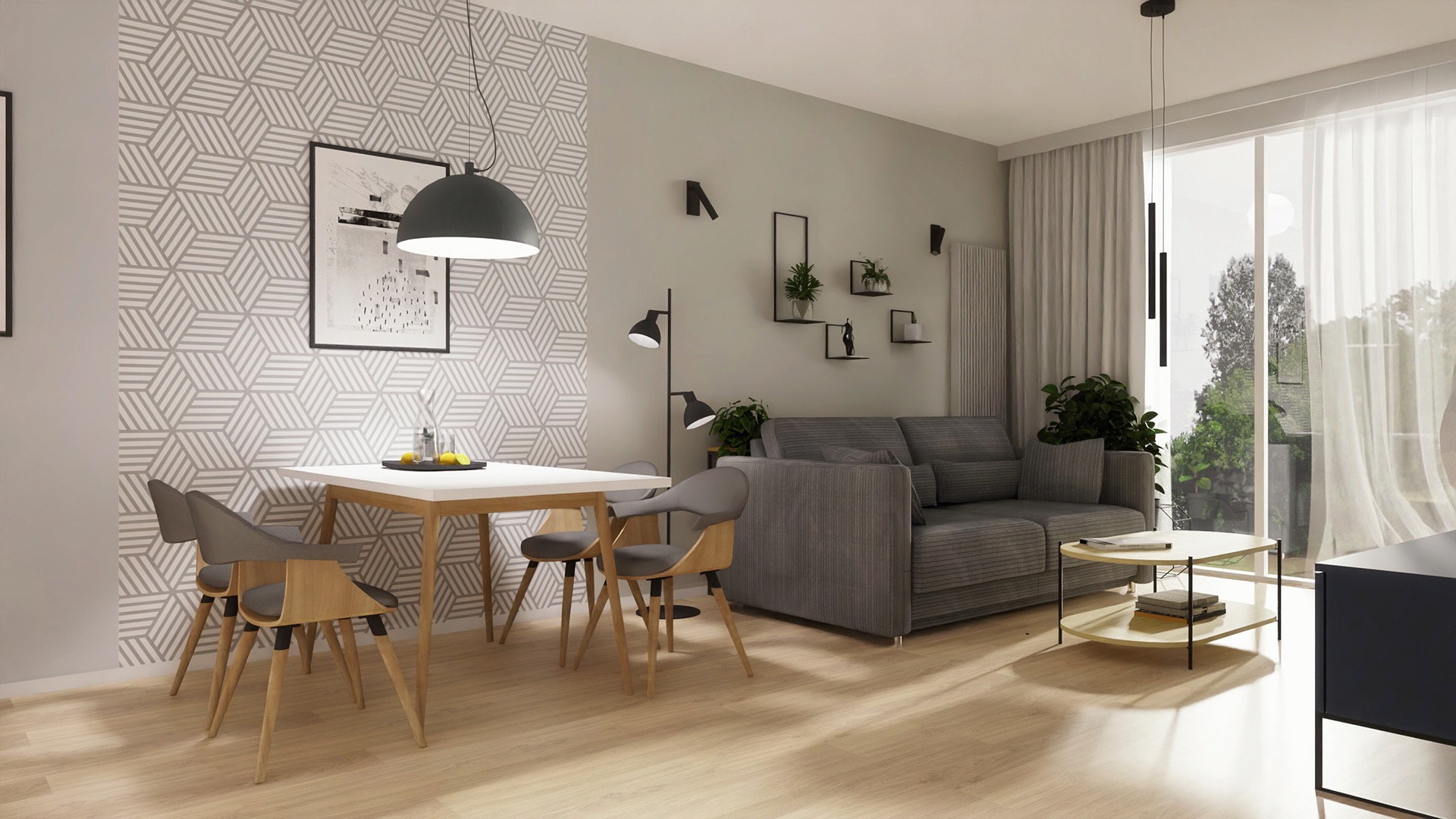 Wizualizacja salonu z jadalnią: szara sofa, biały stolik kawowy, stół z krzesłami, geometryczna tapeta, wisząca lampa, dekoracje ścienne i duże okno z zasłonami.