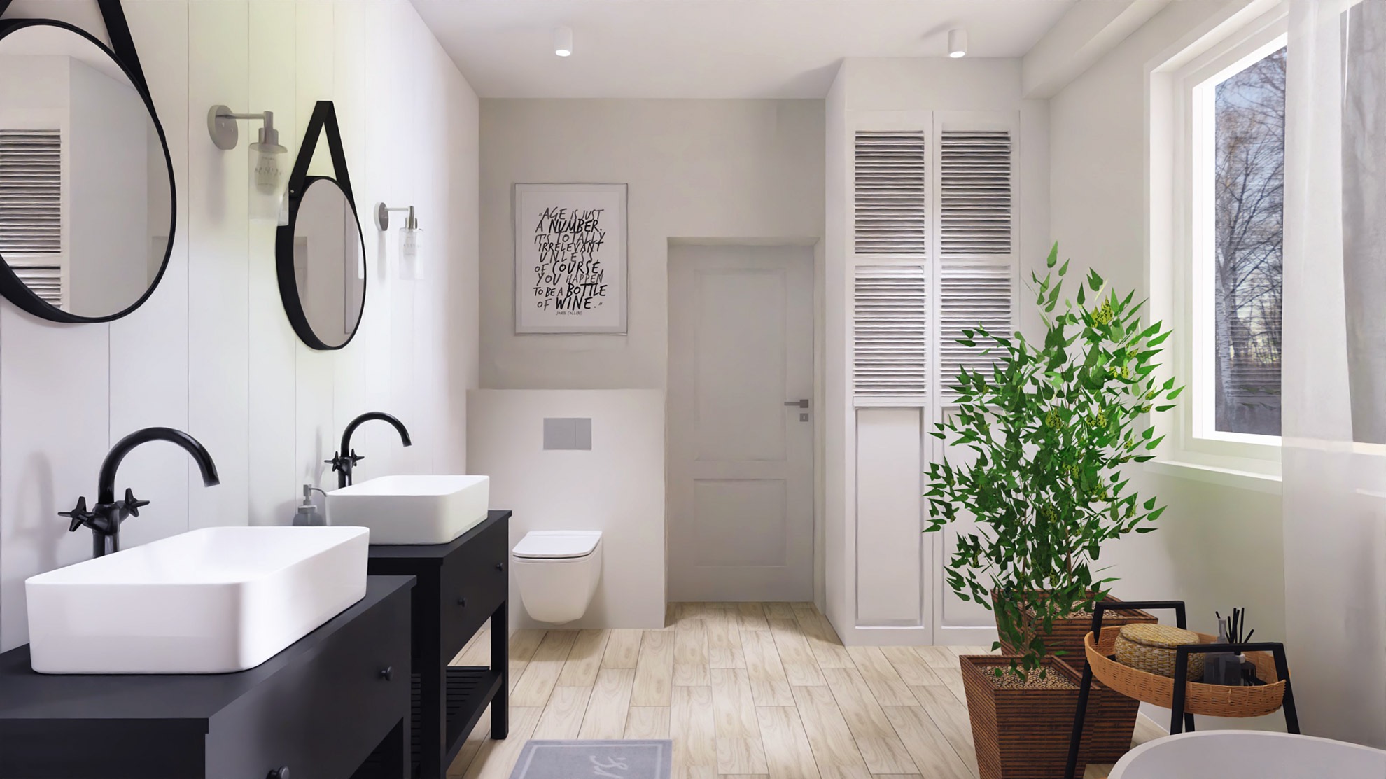 Jasna łazienka z drewnianą podłogą, dwoma umywalkami nablatowymi na czarnych szafkach, okrągłymi lustrami w czarnych ramach, wiszącą toaletą i rośliną w donicy przy oknie.