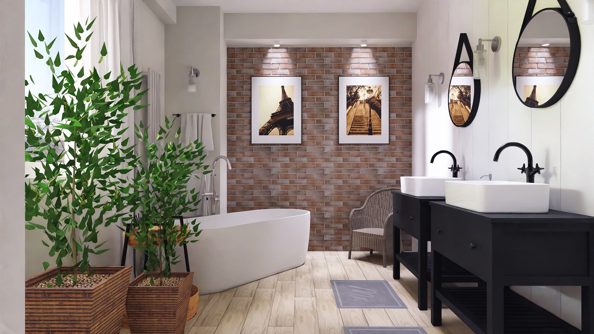 Nowoczesna łazienka z białą wanną wolnostojącą, podwójną umywalką na czarnych szafkach, ceglaną ścianą z plakatami i roślinami w plecionych donicach.