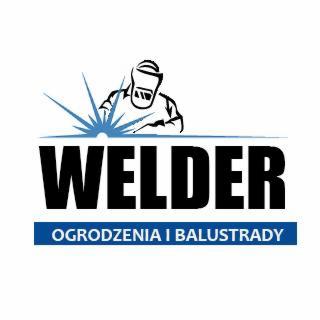 Logo firmy spawalniczej z sylwetką spawacza w masce i iskrzącym symbolem spawania, umieszczone nad napisem 'WELDER' i hasłem 'OGRODZENIA I BALUSTRADY' na niebieskim pasku.