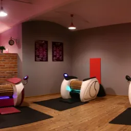 Wnętrze salonu z trzema rollmasażerami z podświetleniem LED na drewnianej podłodze, ściany w odcieniach szarości i cegły, oświetlenie sufitowe.