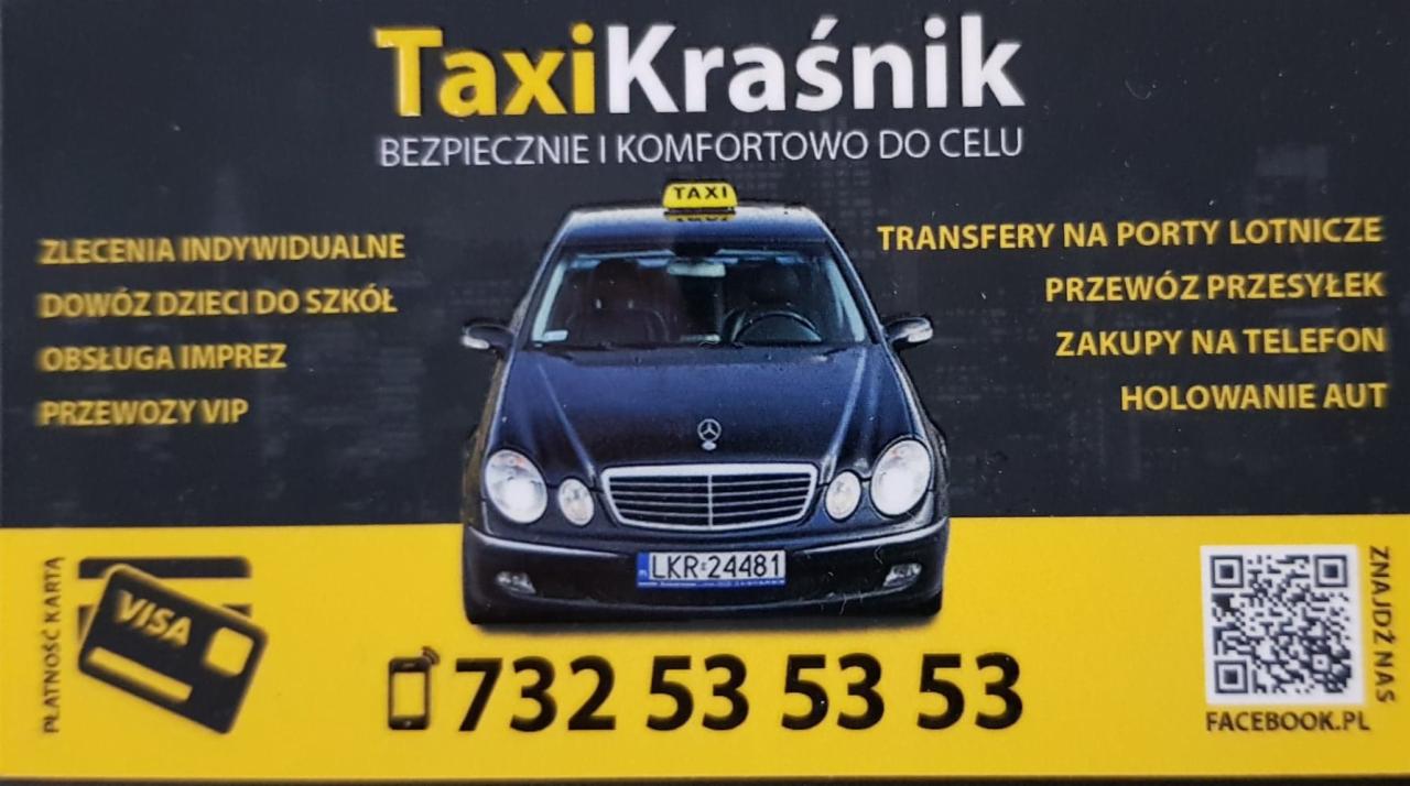 Wizytówka Taxi Kraśnik z czarnym Mercedesem, numerem telefonu, logo Visa i QR kodem do Facebooka.