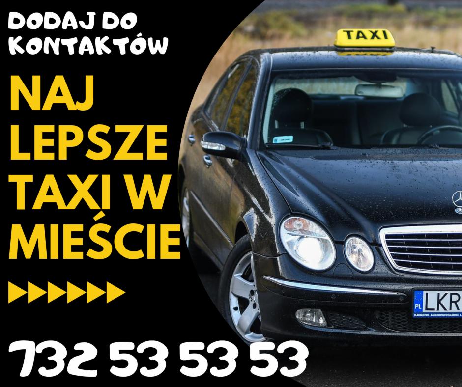Czarny Mercedes taxi z żółtym szyldem na dachu, widoczne mokre karoseria i numer telefonu kontaktowego.