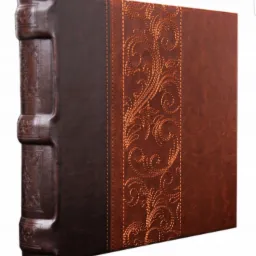 Brązowa, skórzana oprawa książki lub albumu z wytłoczonym, dekoracyjnym wzorem w kolorze miedzianym.